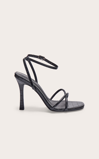 Black PU Croc Square Toe Barely There High Heeled Sandals