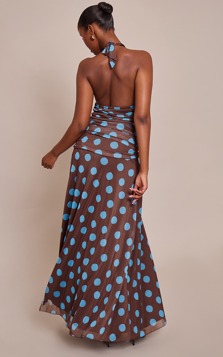 Brown Polka Dot Chiffon Halterneck Maxi Dress image 2
