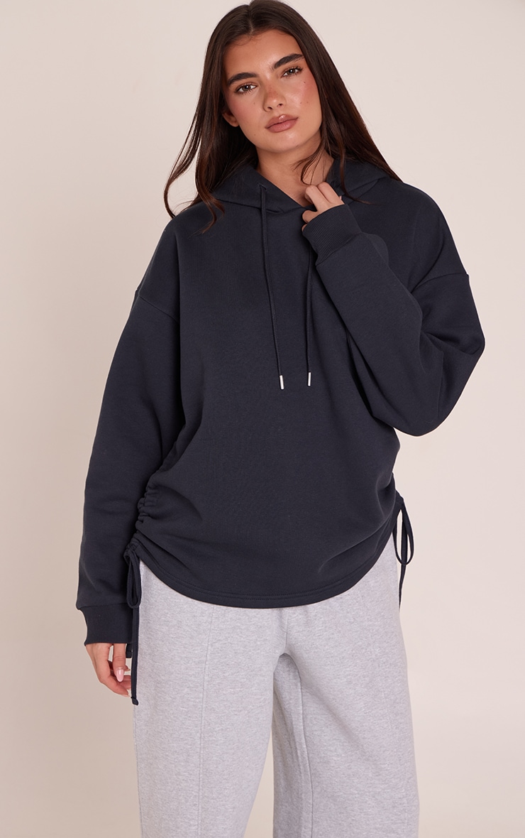 Navy Ruched Side Oversized Hoodie image 1