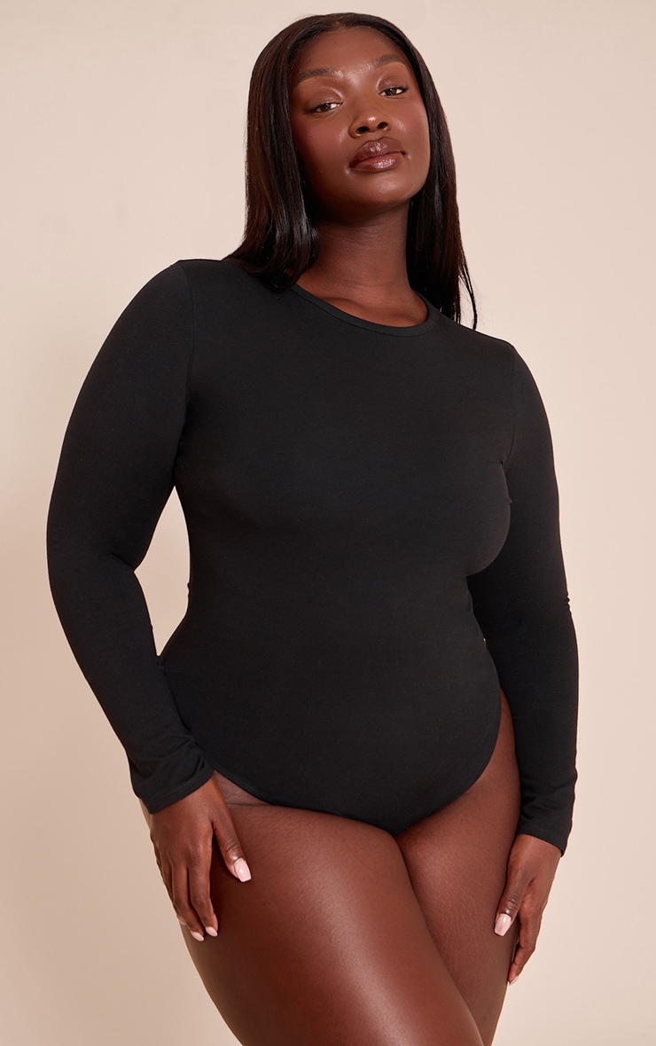 Plus Black Cotton Crew Neck Long Sleeve Bodysuit image 2