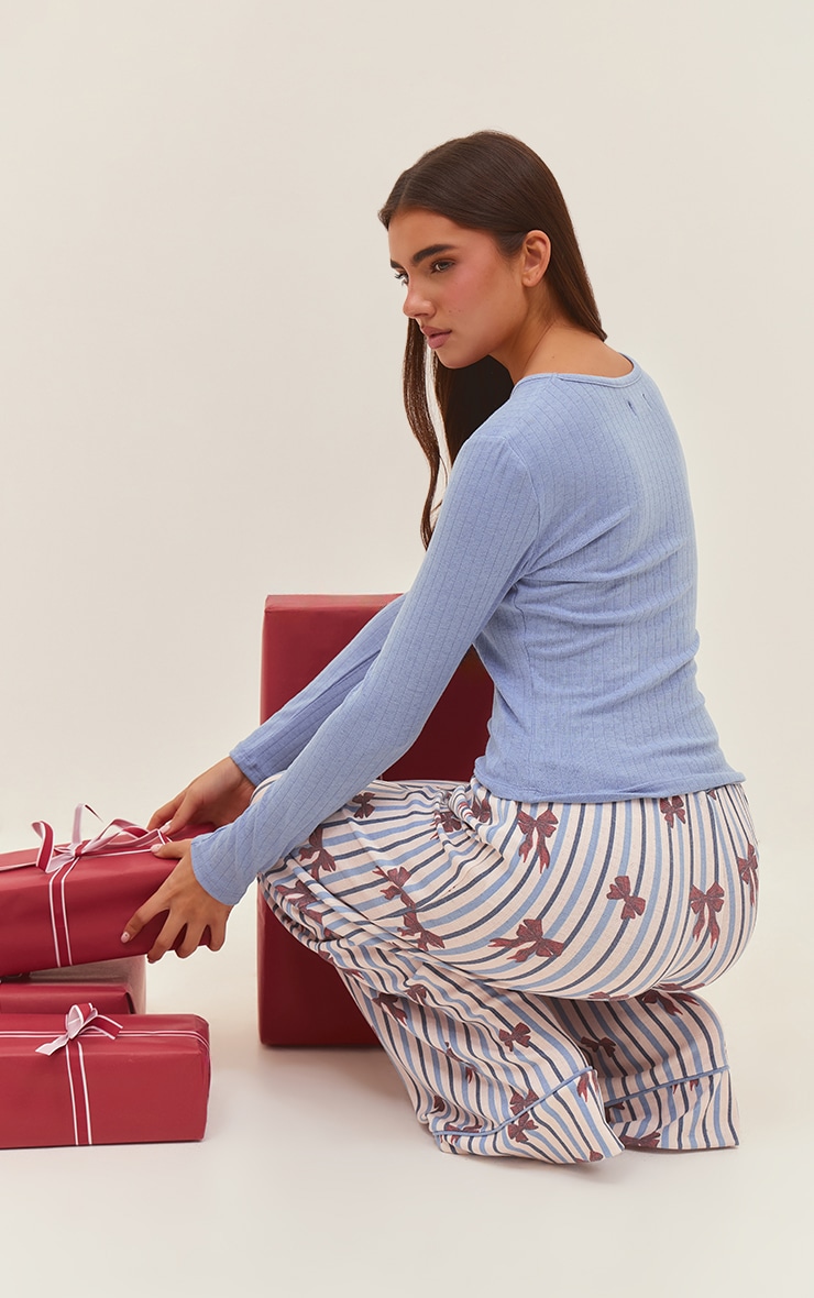 Blue Fitted Long Sleeve Pointelle Top and Christmas Pant PJ Set image 2