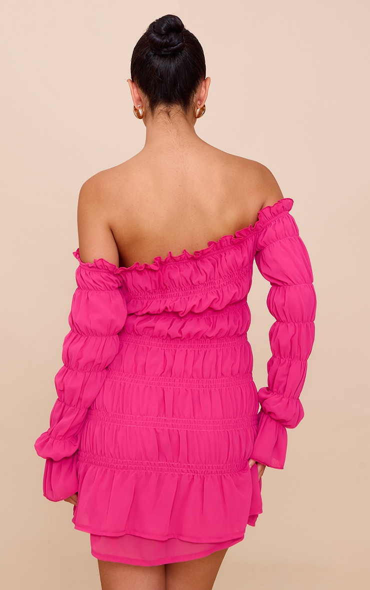 Fuchsia Chiffon Bardot Long Sleeve Ruched Bodycon Dress image 2