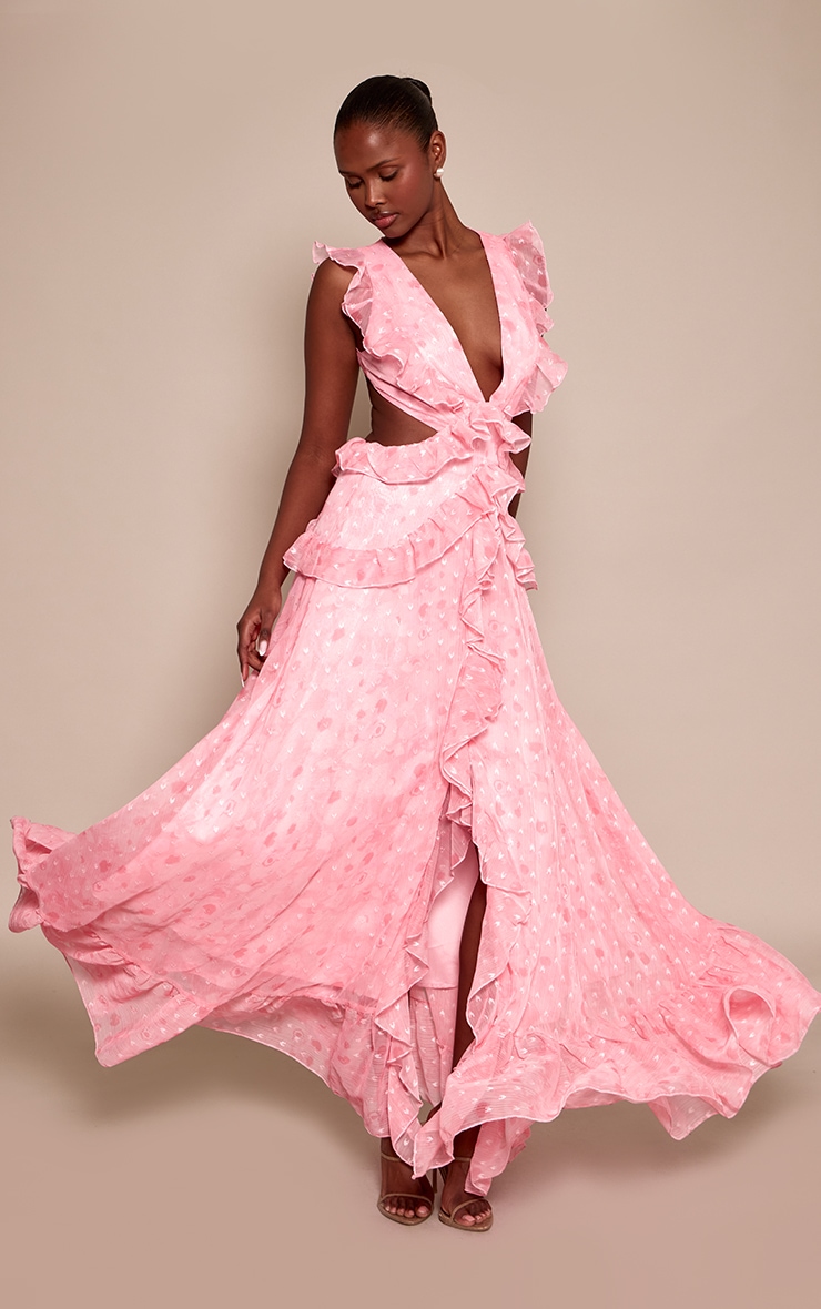 Pink Floral Plunge Frill Maxi Dress image 1