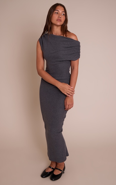Robe longue asymétrique brossée côtelée gris anthracite froncée