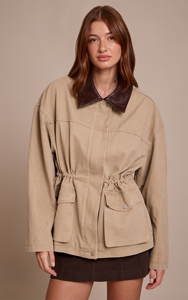 Stone Contrast Collar Cinched Denim Jacket