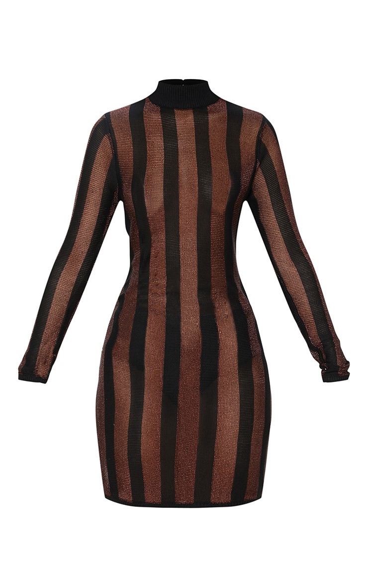 Brown Striped Metallic Fitted Dress image 3