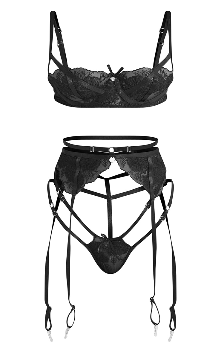 Black Embroidered Floral Lace 3 Piece Lingerie Set. image 5