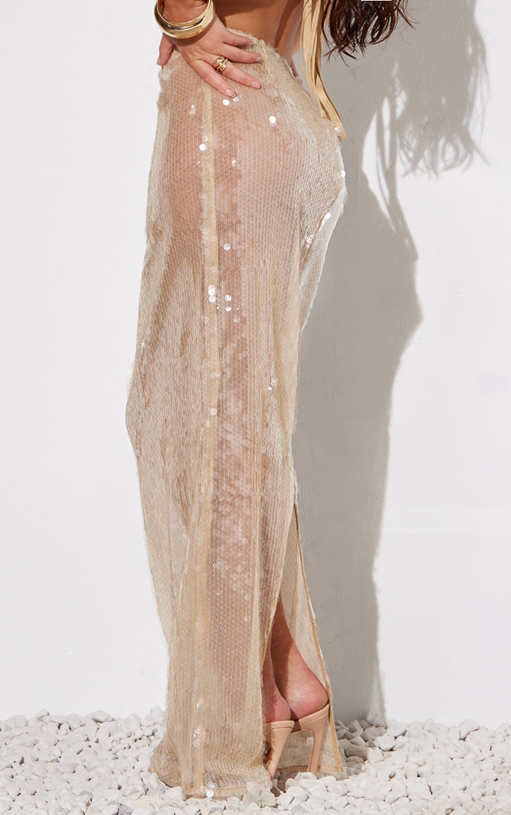 Light Nude Sheer Sequin High Waist Maxi Skirt image 3