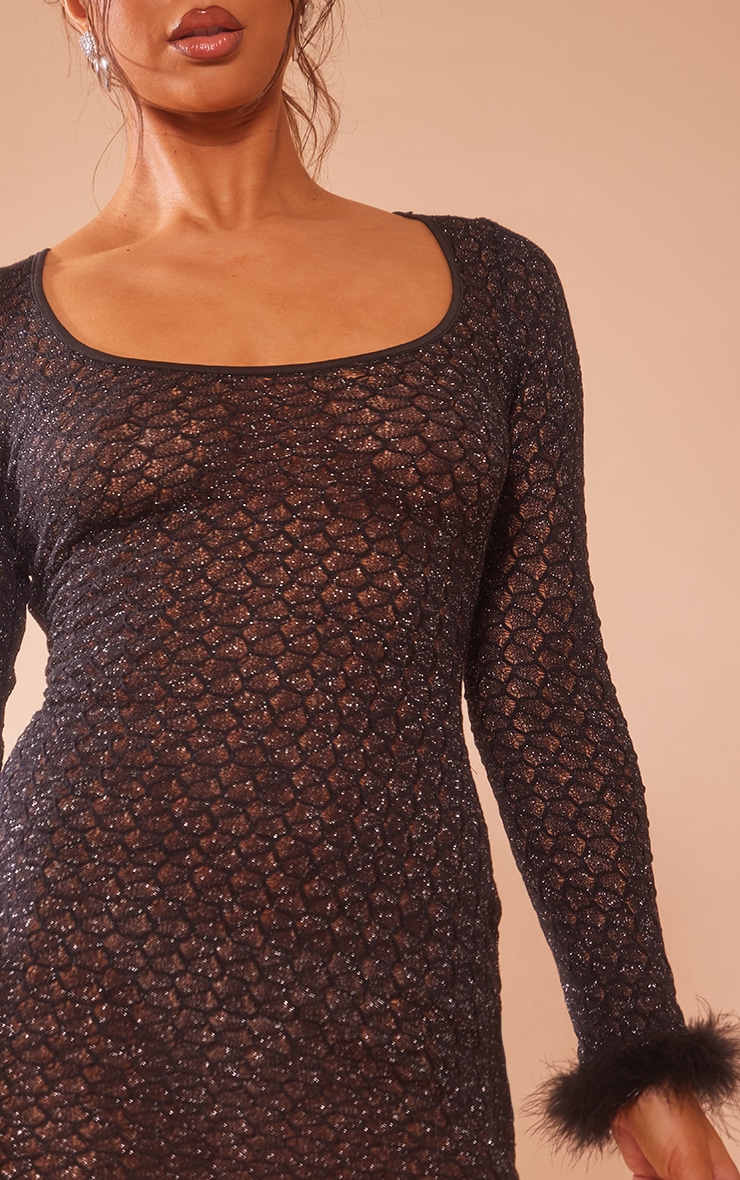 Black Textured Glitter Feather Cuff Long Sleeve Bodycon Dress image 4