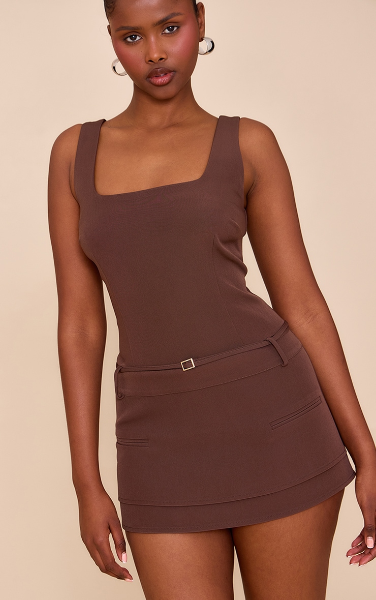 Combishort jupe-short tissé taupe à ceinture image 4