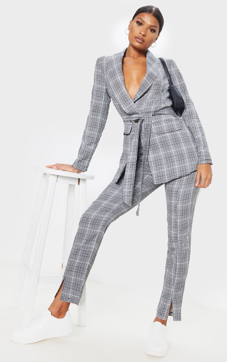 Grey Check Print Belted Lapel Detail Woven Blazer