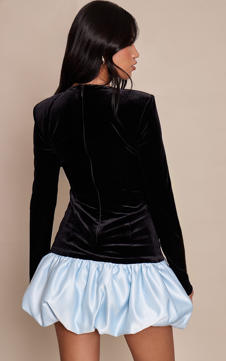 Black Velvet Long Sleeve Drop Hem Satin Puffball Mini Dress image 2