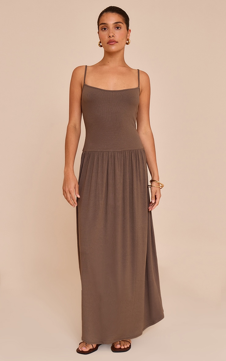 Petite Taupe Strappy Ribbed Flowy Maxi Dress image 3