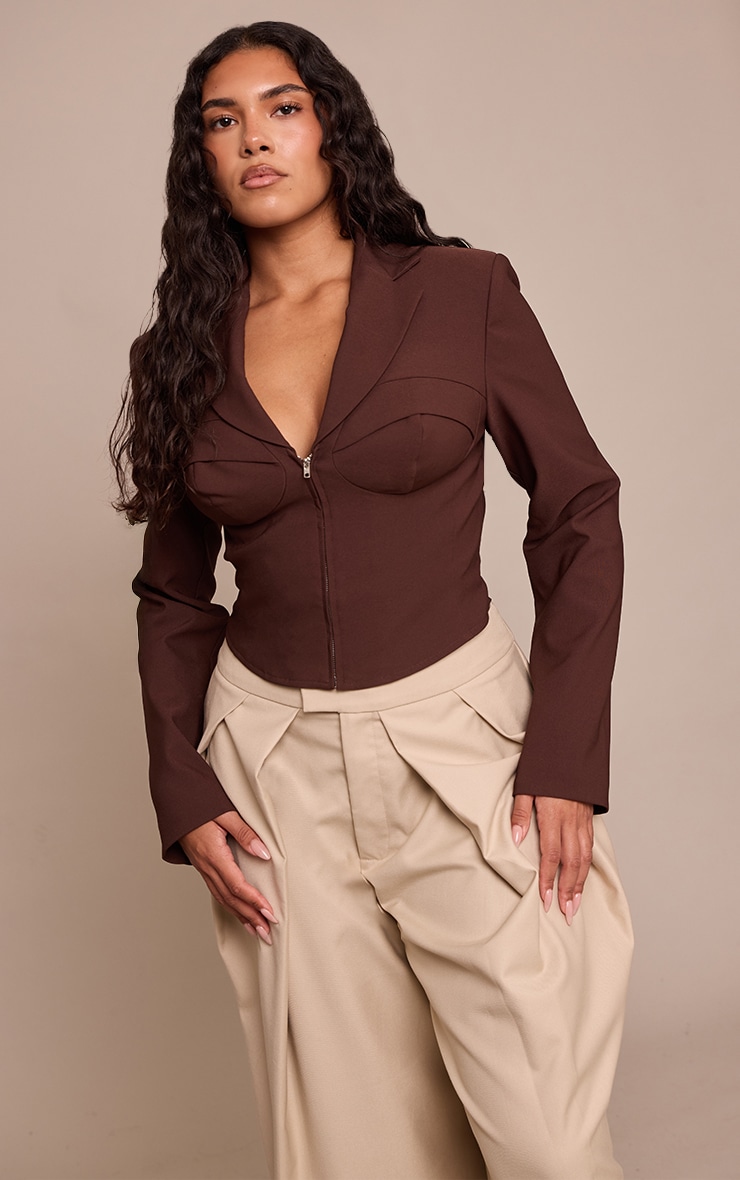 Shape Chocolate Cup Detail Corset Cropped Blazer image 1