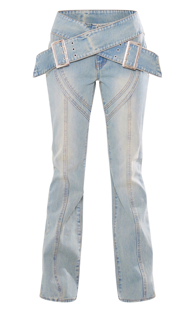 Vintage Wash Cross Over Belt Flare Jeans PrettyLittleThing QA