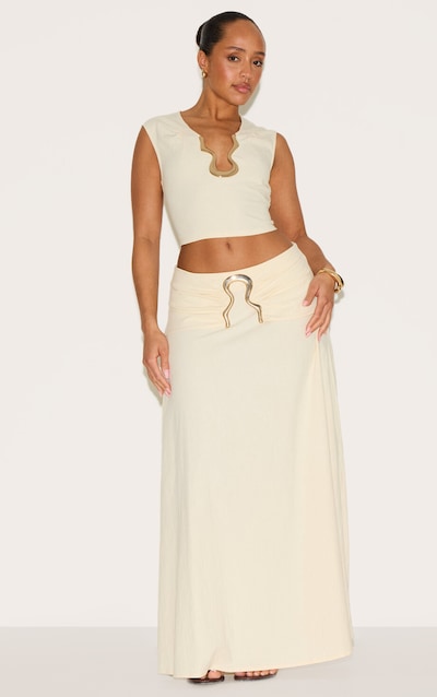 Shape Cream Linen Look Fold Gold Wave Trim Maxi Skirt