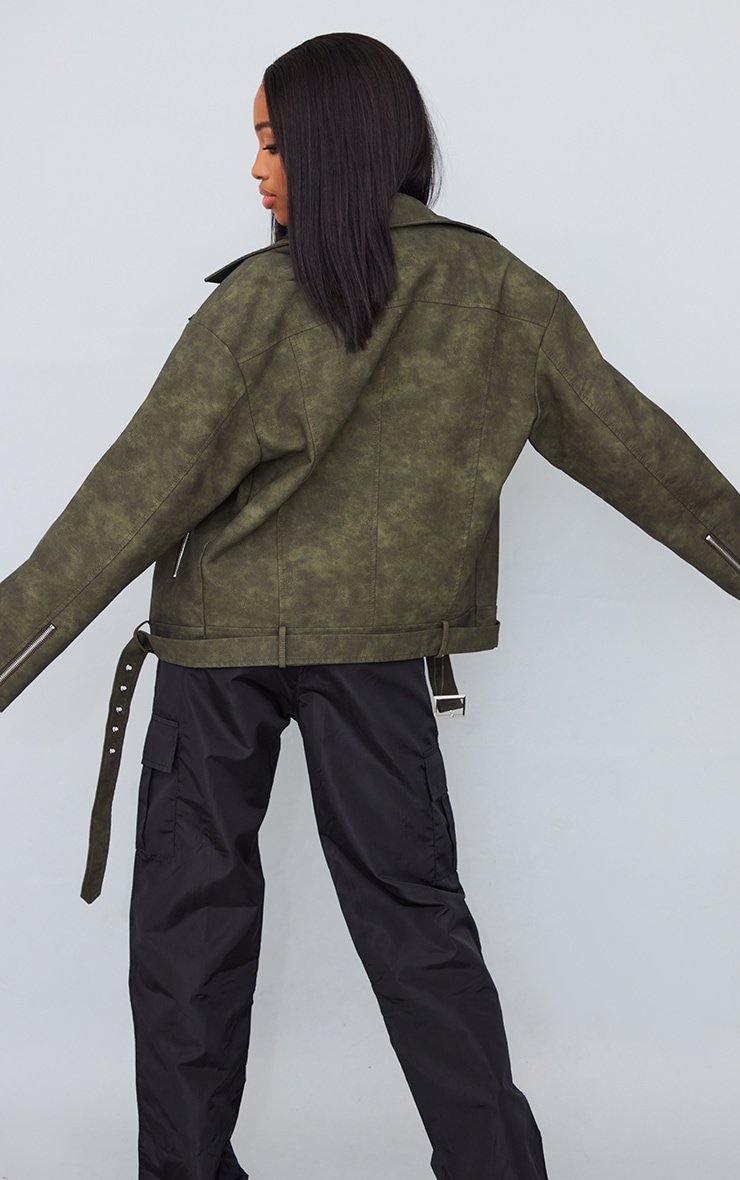 Tall Green Washed Look Biker Jacket Tall PrettyLittleThing