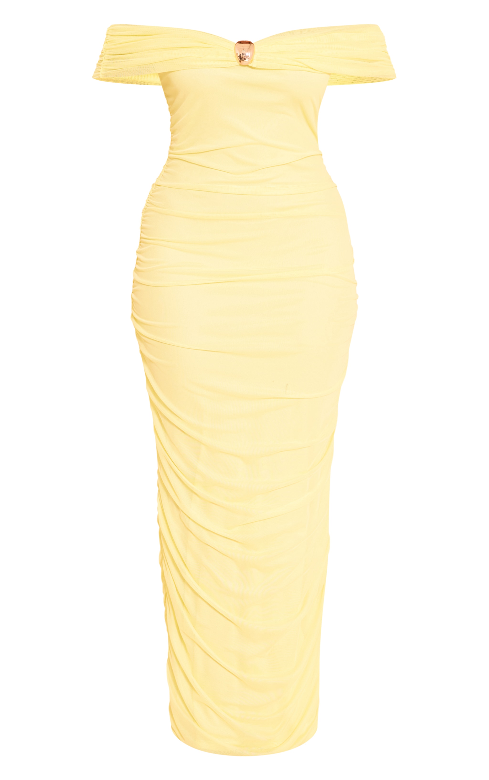 Shape Butter Yellow Mesh Bardot Gold Trim Ruched Maxi Dress image 5