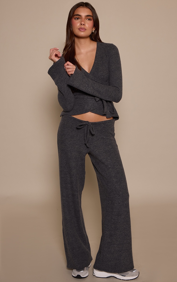 Charcoal Grey Marl Ribbed Wide Leg Trousers image 1