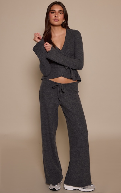 Charcoal Grey Marl Ribbed Wide Leg Pants