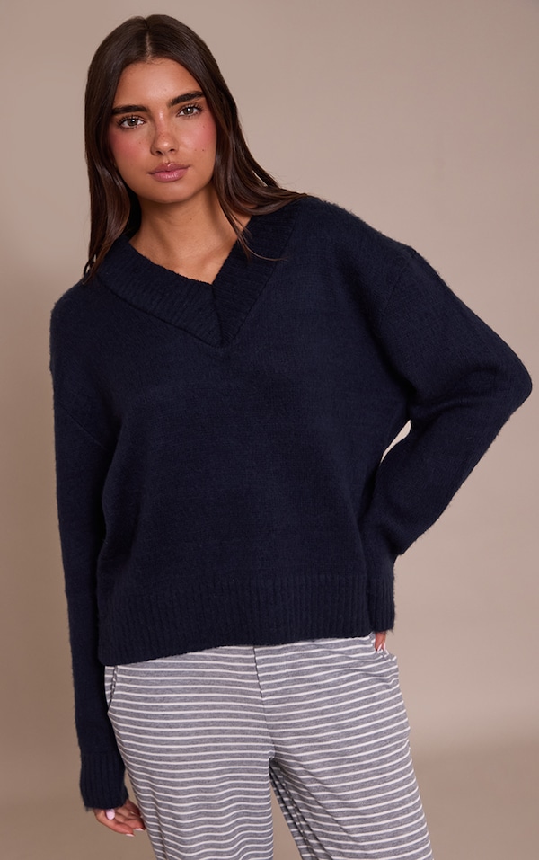 Navy Brushed Laguna Knit V Neck Sweater 