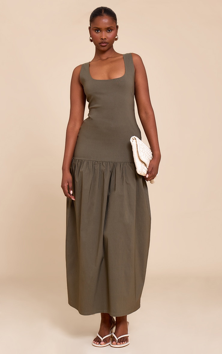 Khaki Stretch Woven Drop Waist Maxi Dress image 3