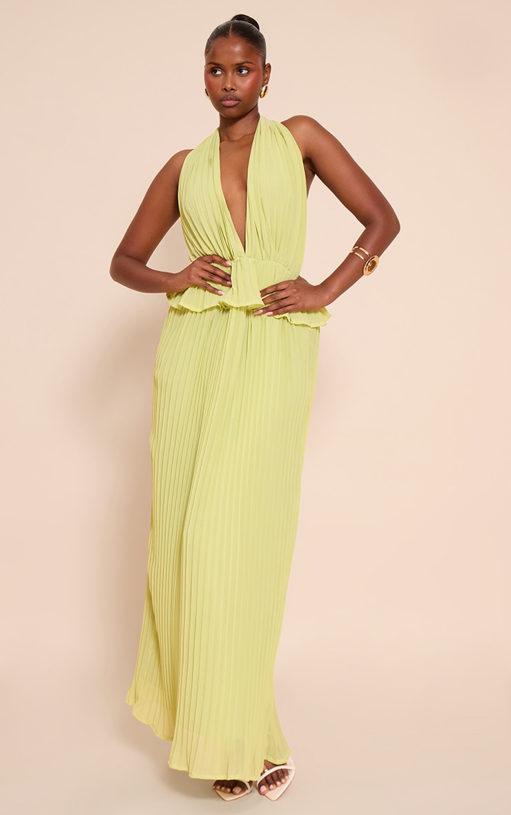 Lime Plisse Halterneck Frill Detail Maxi Dress image 3