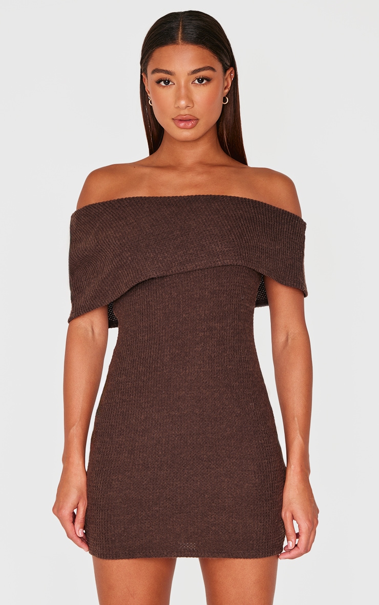Chocolate Brushed Rib Asymmetric Bodycon Dress image 1