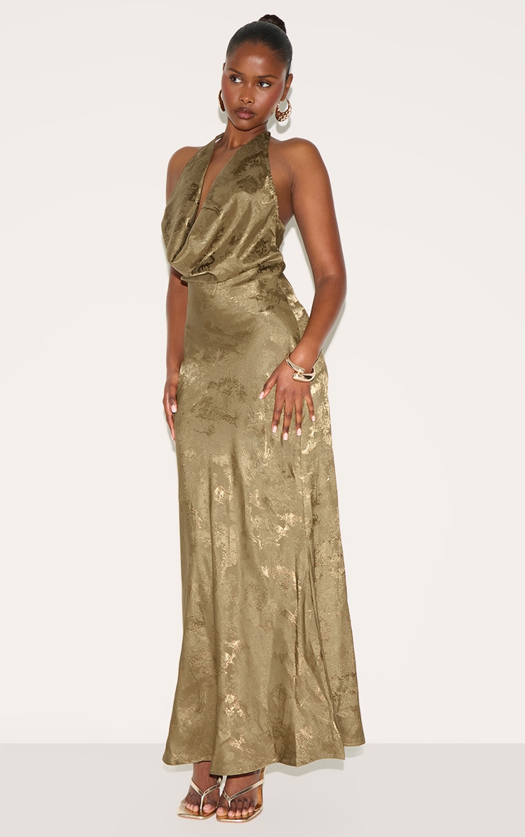 Olive Satin Extreme Cowl Neck Maxi Dress image 3