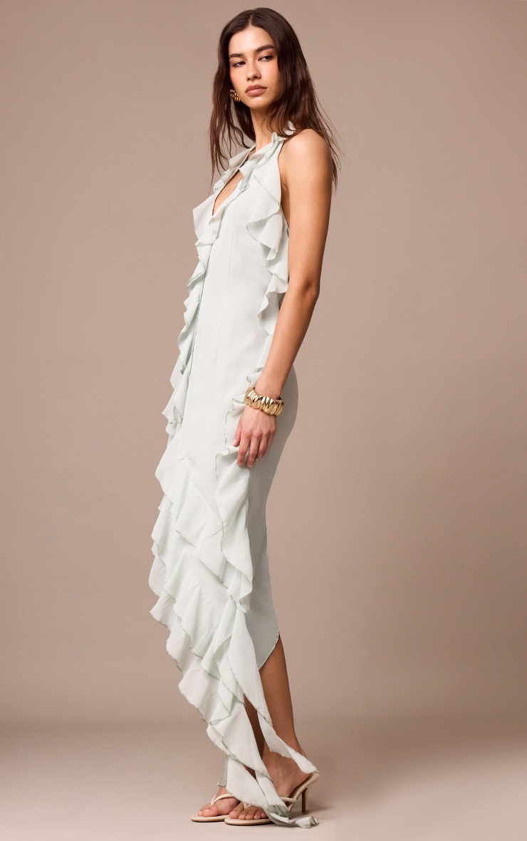 Robe longue en mousseline de soie sauge volantée à décolleté plongeant image 3