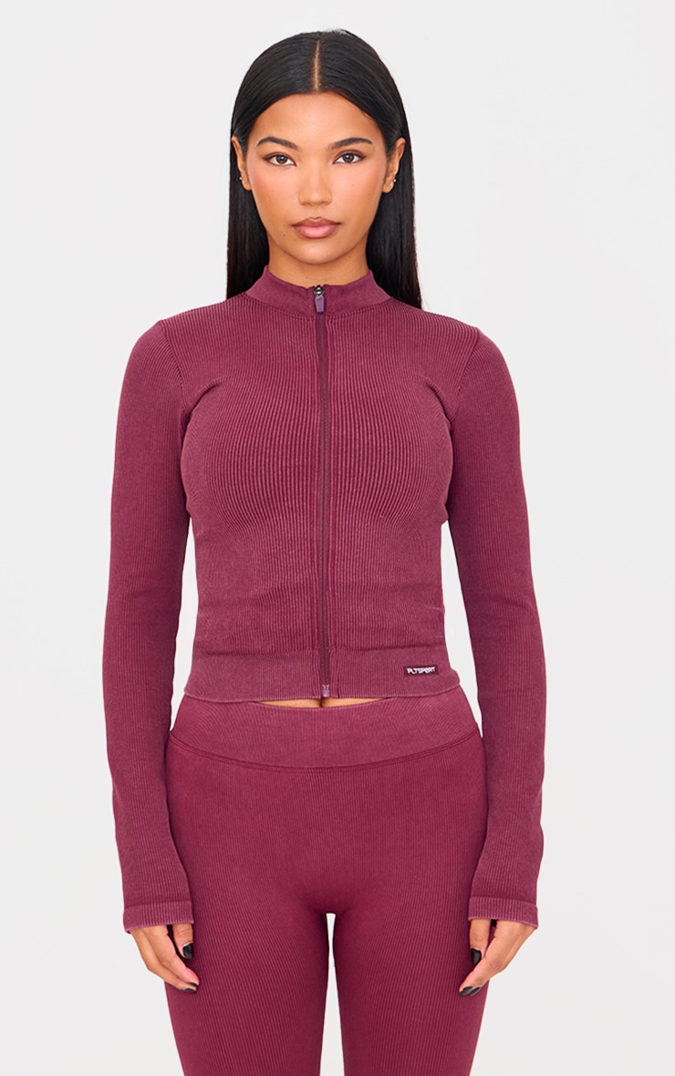 Deep Burgundy Acid Wash Seamless Ribbed Zip Up Cropped Sports Jacket