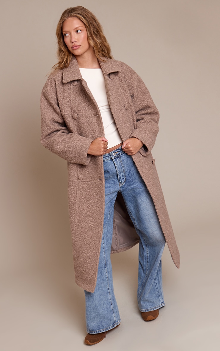 Taupe Boucle Double Breasted Maxi Coat image 3