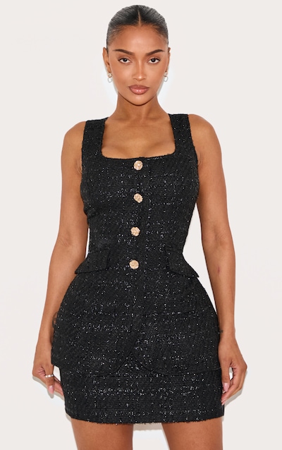 Shape Black Boucle Square Neck Layered Hammered Button Mini Dress