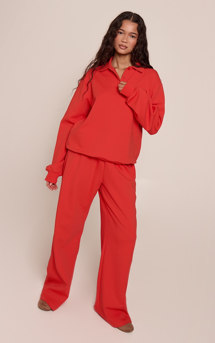 Red Embroidered Interlock Button Polo Sweatshirt image 3