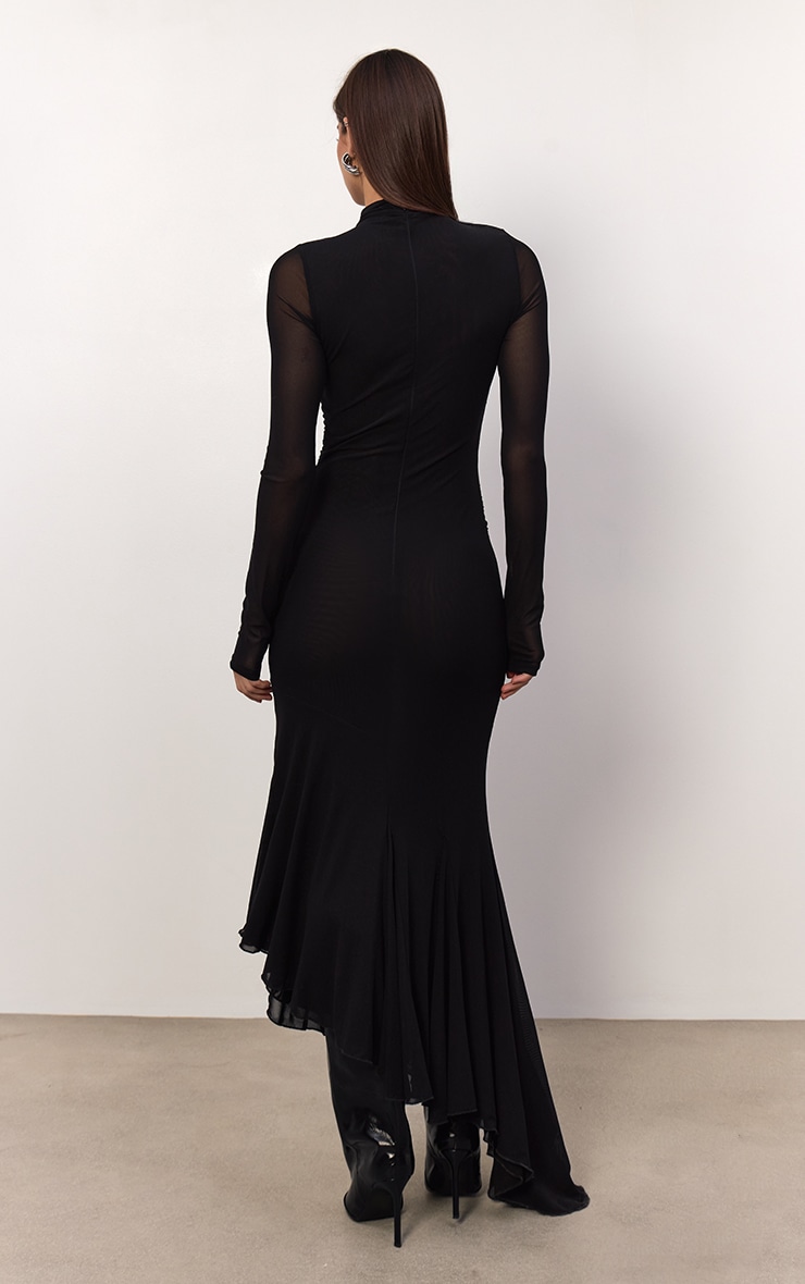 Black Mesh Long Sleeve High Neck Ruched Maxi Dress image 2