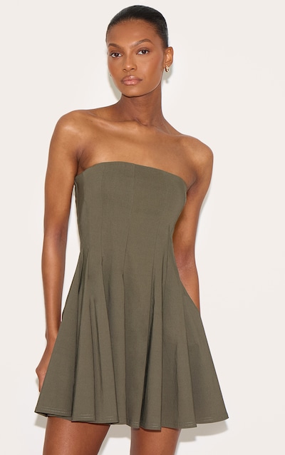 Khaki Stretch Woven Bandeau Pleated Shift Dress