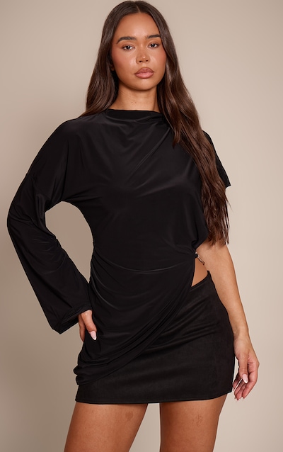Black Double Layer Slinky Oversized Drape Detail Long Sleeve Top