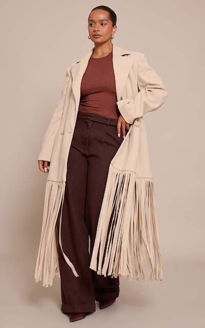 Shape Cream Wool Look Cinched Waist Fringe Hem Blazer