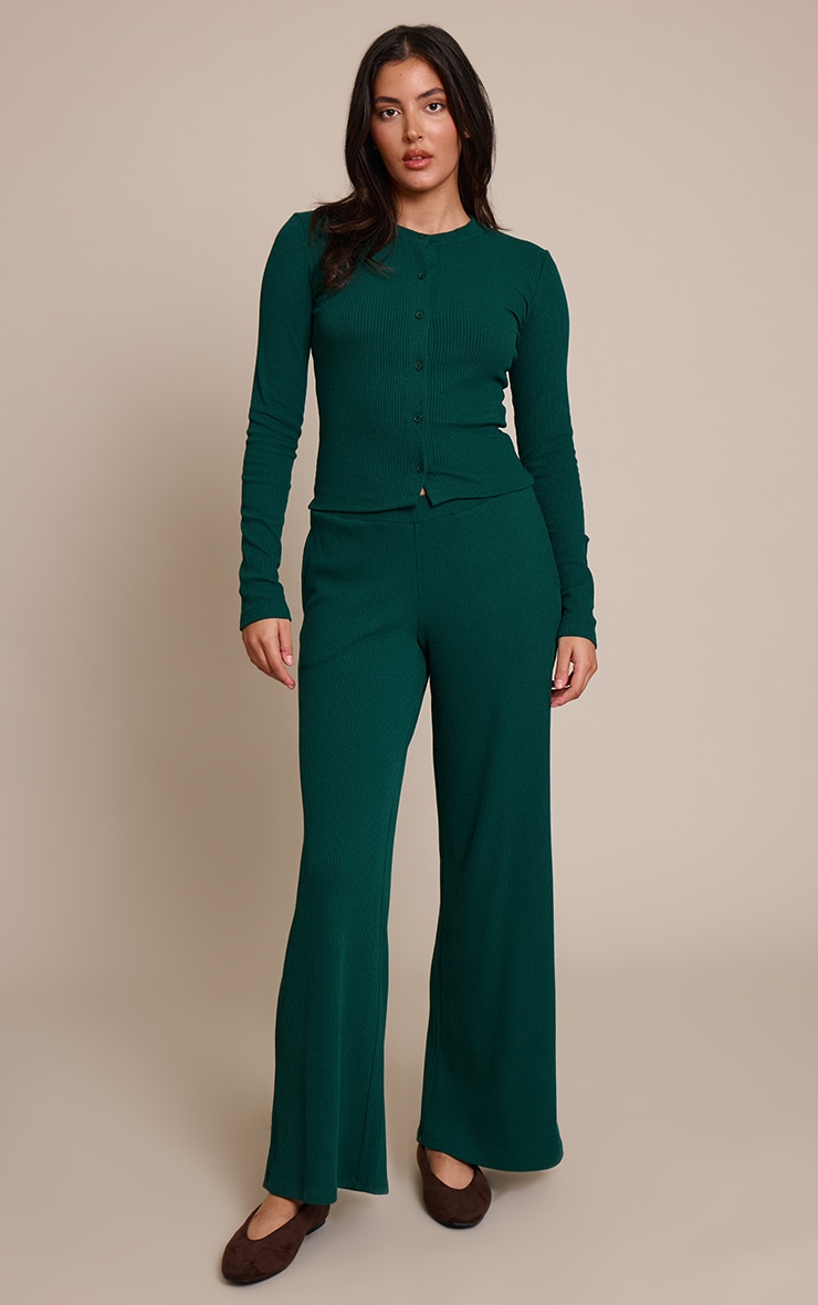 Dark Green Rib Drawstring Low Rise Straight Leg Pants image 1