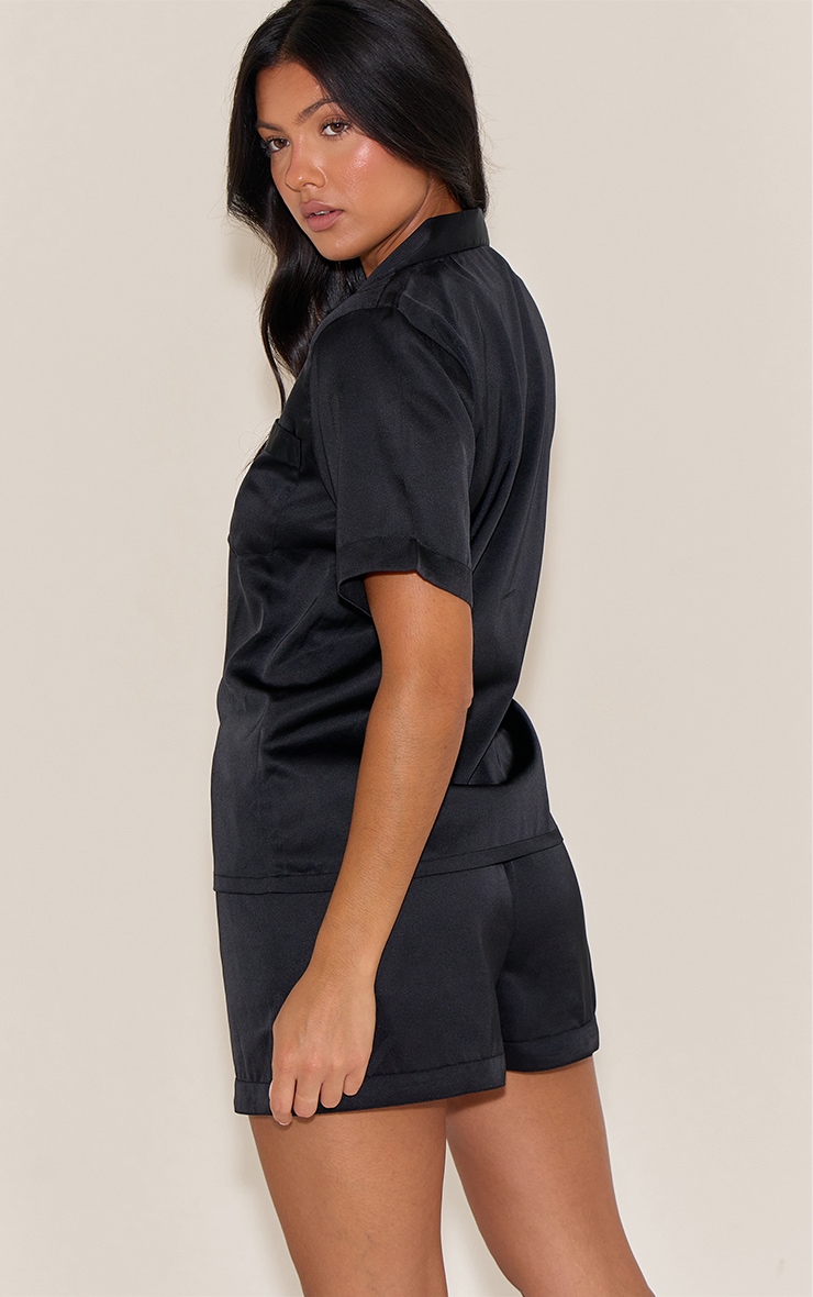 Black Satin Short Sleeve Short Pj Set image 2