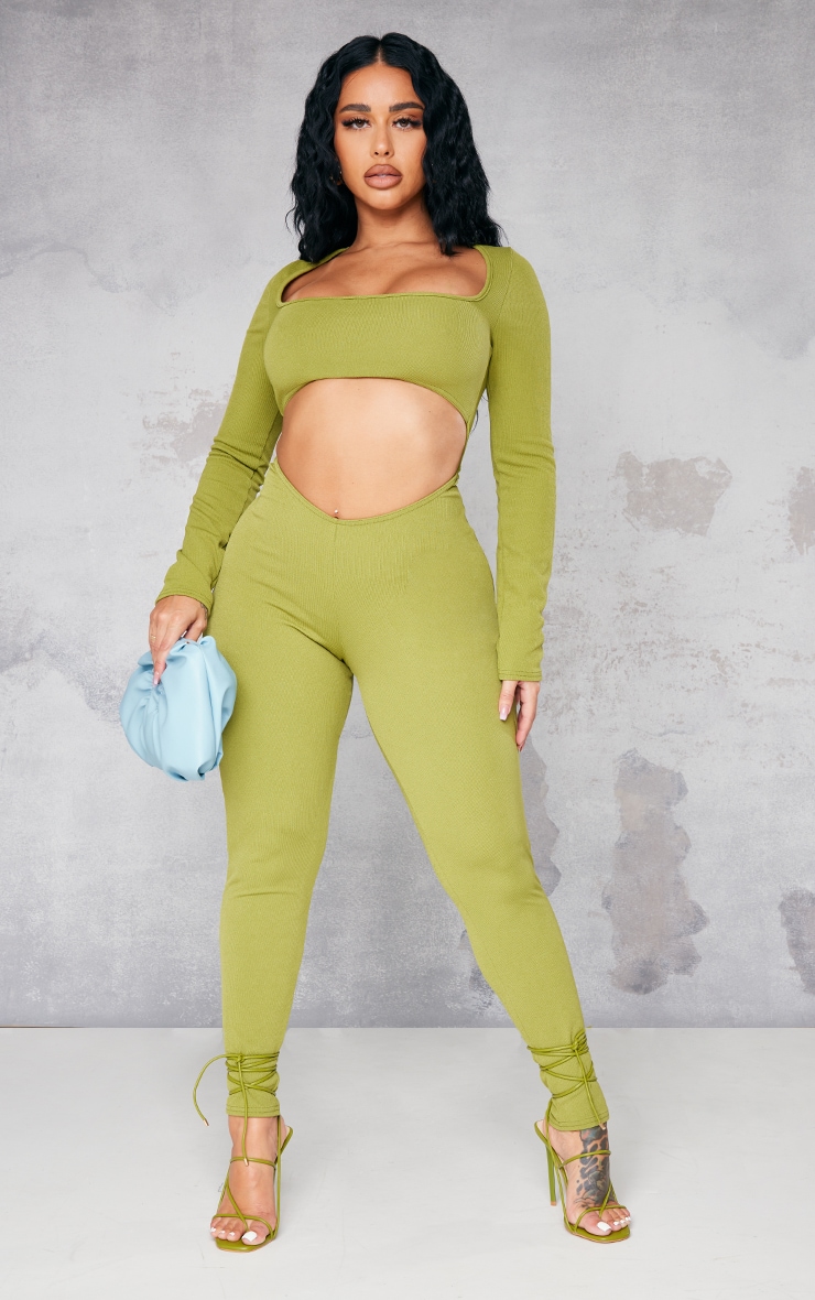 Shape Olive Soft Rib Cut Out Front Long Sleeve Jumpsuit image 1