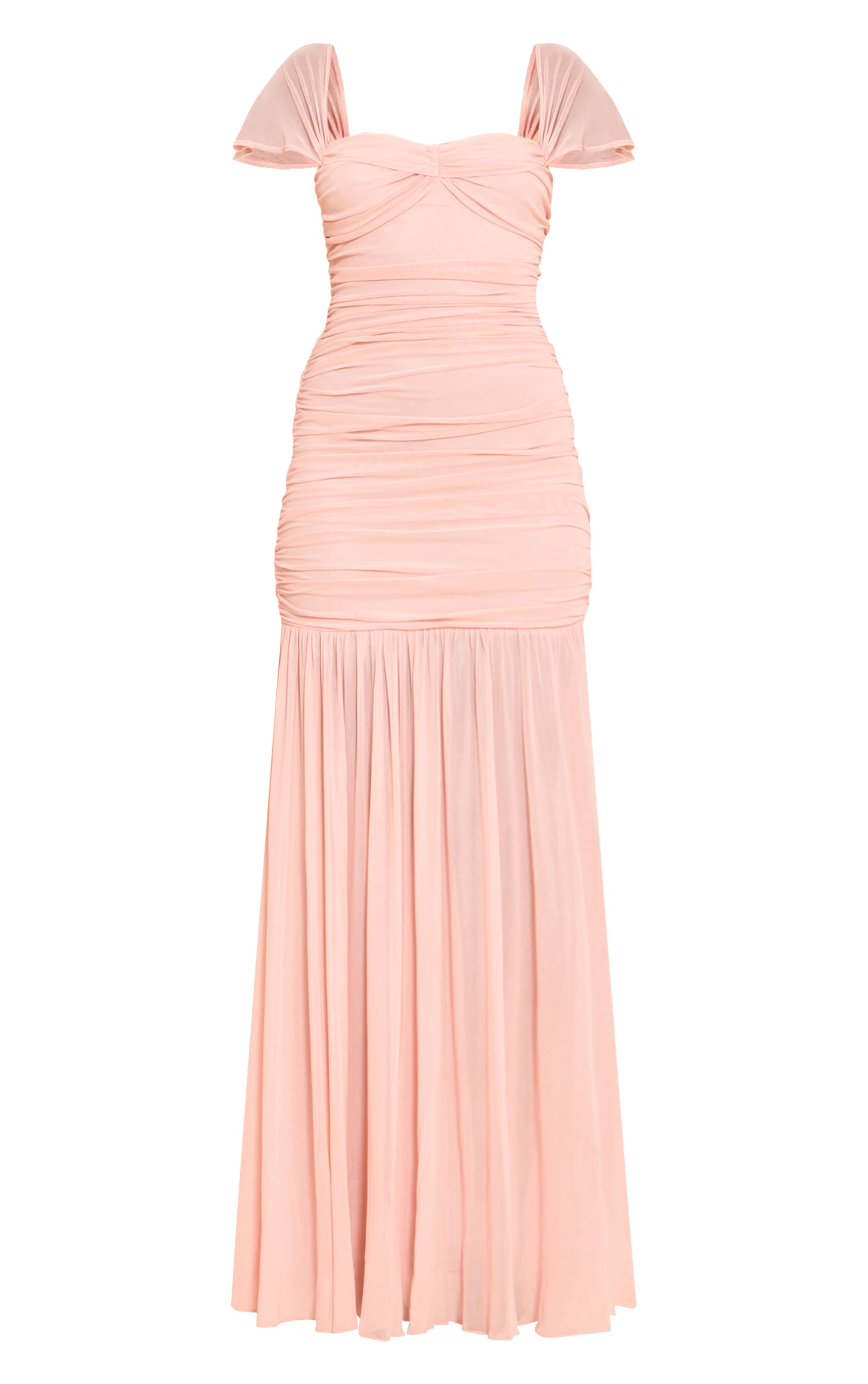 Robe longue en mesh rose clair froncée à col bardot image 5
