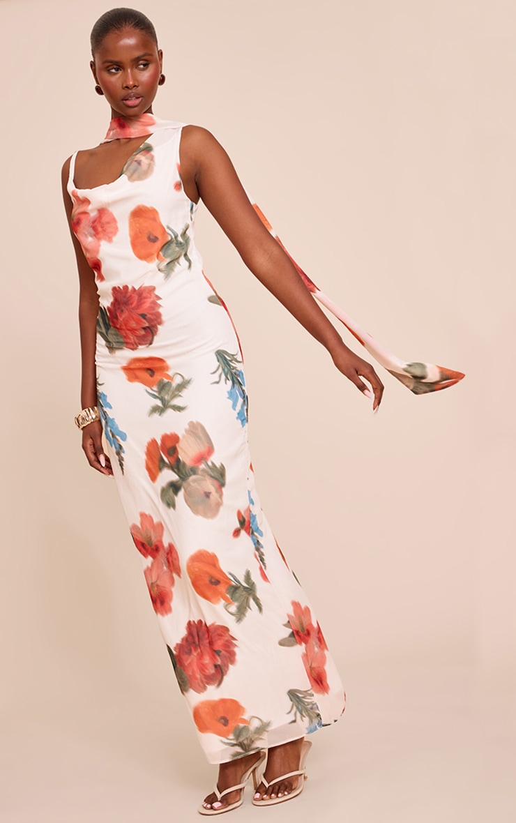White Floral Print Chiffon Scarf Maxi Dress image 1