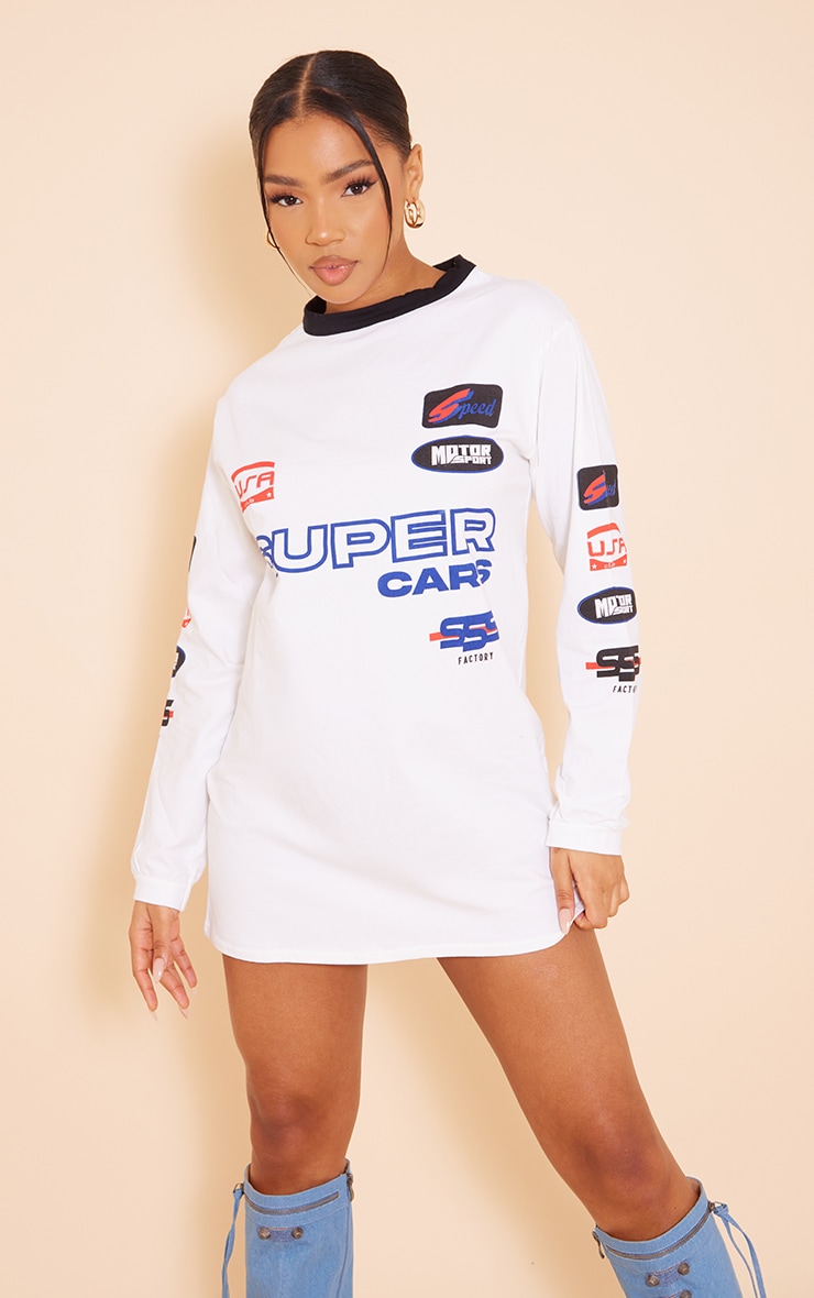 White Long Sleeve Super Car Print T-shirt Dress image 3