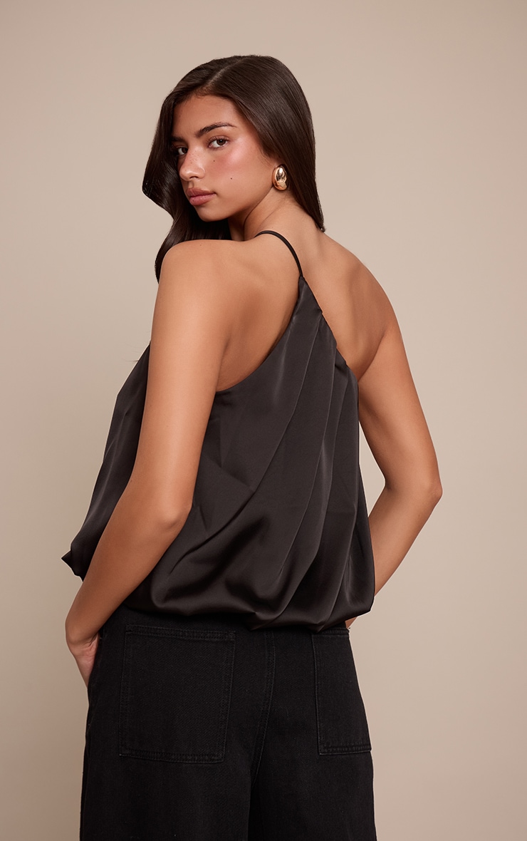 Black One Shoulder Satin Puffball Pleat Detail Top image 2