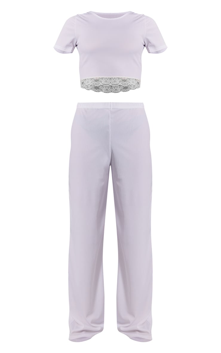White Lace Trim Rib Crop Top Wide Leg Trousers PJs Lingerie