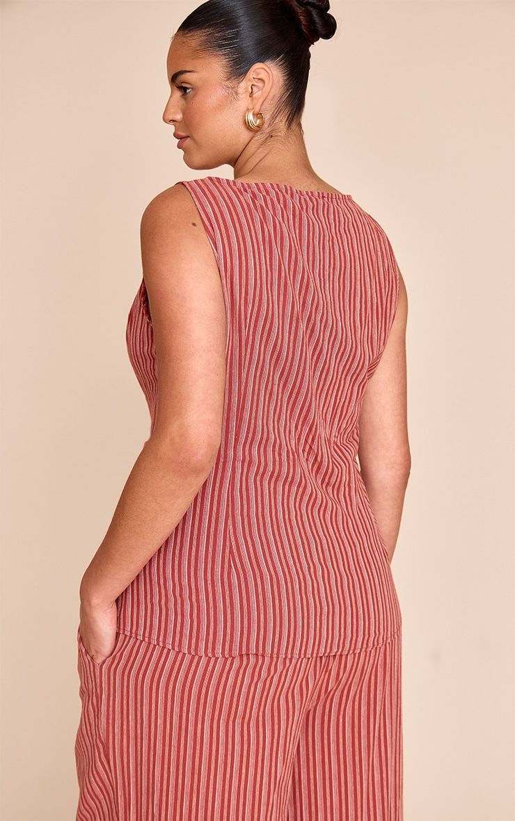 Plus Red Boat Neckline Button Down Linen Look Stripe Vest image 2