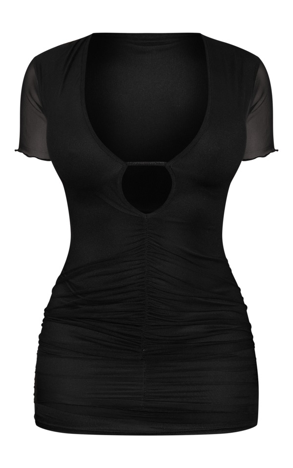 Shape Black Mesh Ruched Plunge Bodycon Dress | PrettyLittleThing AUS
