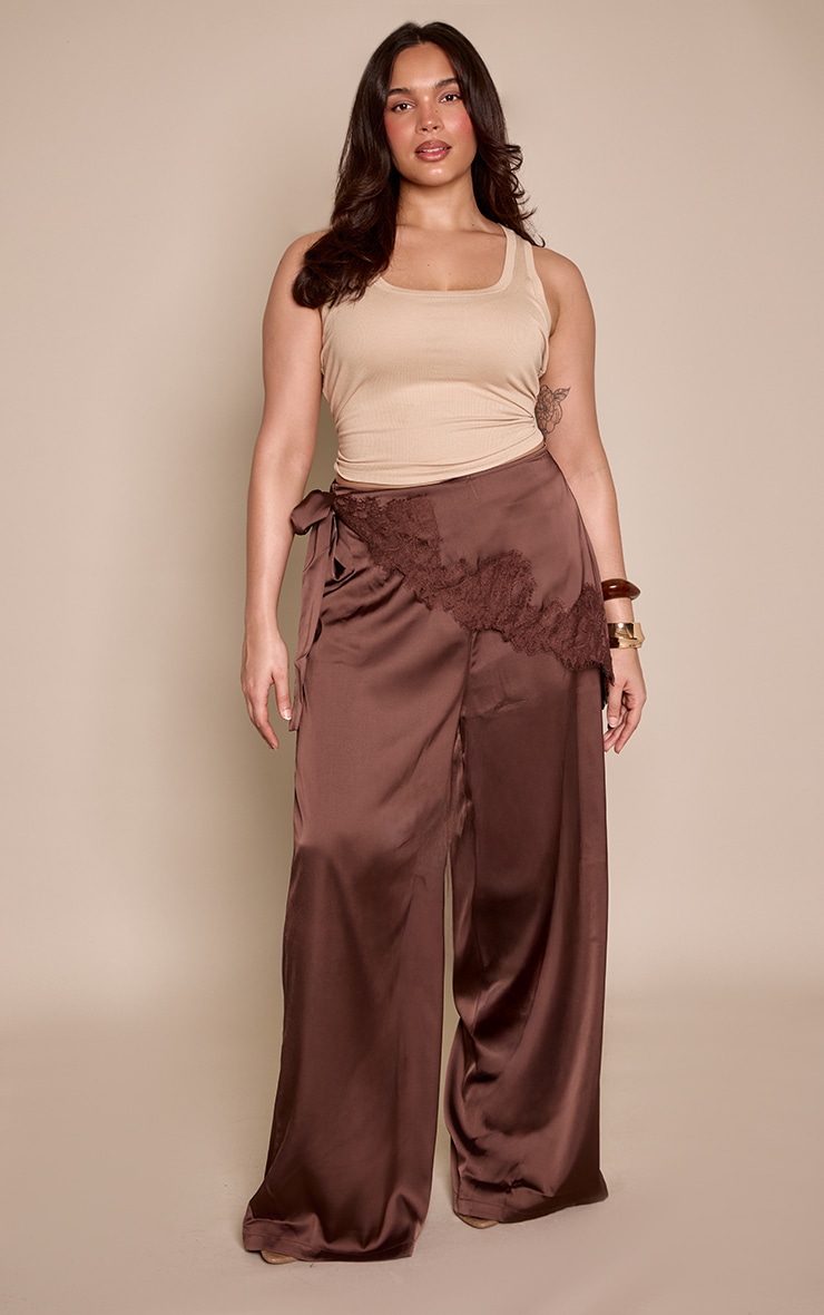 Plus Chocolate Satin Scarf Wide Leg Trousers