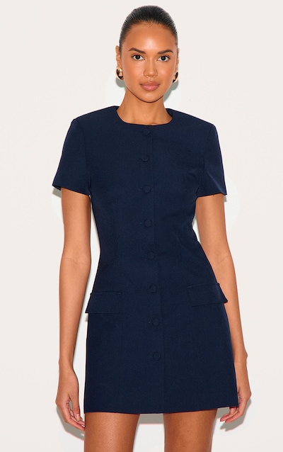Mini robe de tailleur tissée bleu marine à manches courtes